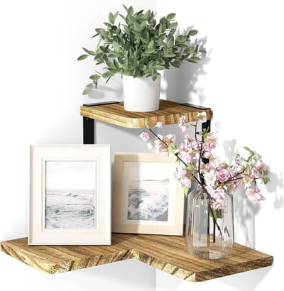 Hoekplank van hout met metalen ontwerp, vintage stijl voor slaapkamer, woonkamer, hal en badkamer, multifunctioneel en stevig