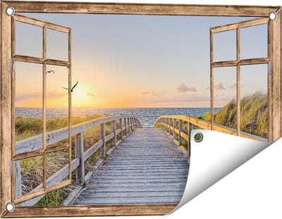 Gards Tuinposter Doorkijk Voetpad met Zee en Vogels - 60x40 cm - Tuindoek - Tuindecoratie - Wanddecoratie buiten - Tuinschilderij