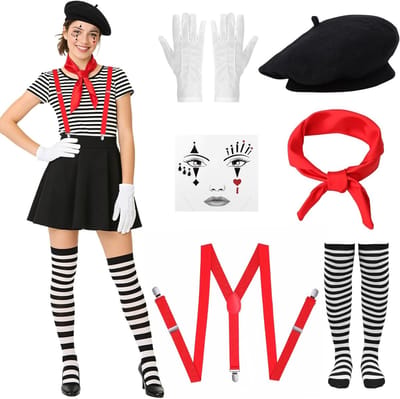 Vrouwelijk Pantomime Kostuum 6-delig Clown Kostuum voor Carnaval met Baret, Sjaal, Handschoenen, Tatoeages, Sokken en Steunen voor Cosplay en Themafeesten