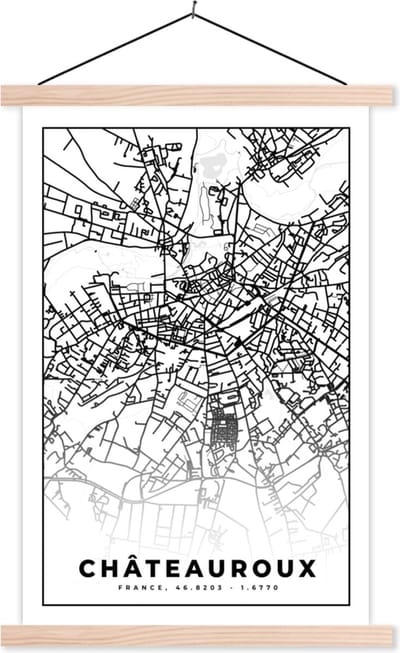 Posterhanger incl. Poster 40x60 cm - Schoolplaat - Frankrijk – Châteauroux - Plattegrond – Stadskaart – Kaart - Zwart wit - Textielposter - Blanke latten - Stadskaart