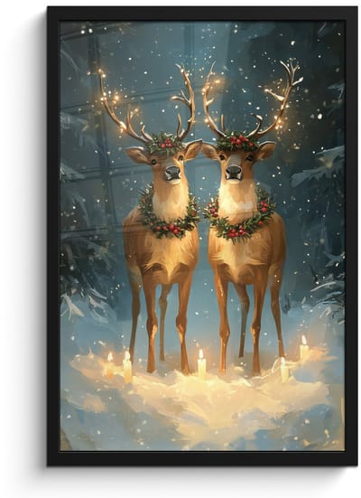 Poster in lijst - Fotolijst 40x60 cm - Posters - Dennensprookje - Rendier - Nacht - Posterlijst zwart - Decoratie - Wanddecoratie woonkamer - Muurdecoratie slaapkamer
