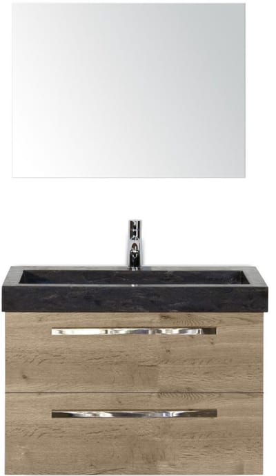 Seville Badmeubelset 80 cm - Natuur Eiken - Wastafel Hardsteen Wit Lucca met Spiegel