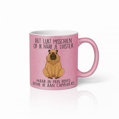 Roze Glitter Mok 330 ml – Grappige Capibara Quote Mok “Ik Lijk te Luisteren maar Denk aan Capibara’s”