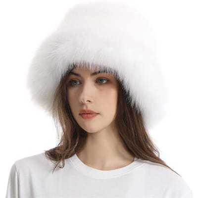Warme vissershoed voor dames met brede rand, verdikt imitatiebont, vossenbont, basinhoed, effen kleur, pluche hoed One size white