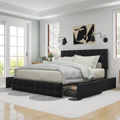 REDOM Bedframe – 140x200 cm – Met 4 lades, verstelbaar hoofdbord & lattenbodem – Linnen – Zwart
