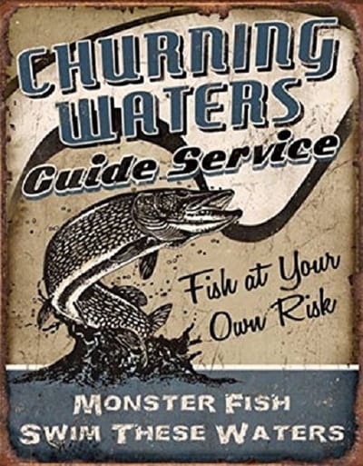 Churning Waters Guide Service. Metalen wandbord 31,5 x 40,5 cm.