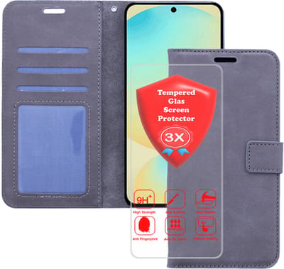 Bookcase Geschikt voor: Samsung Galaxy S25 Grijs - Portemonnee hoesje met 3x Glas Screen protector - Book Cover