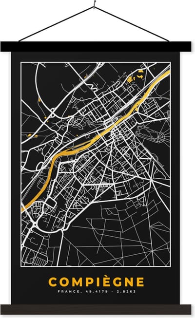 Posterhanger incl. Poster 40x60 cm - Schoolplaat - Compiègne - Frankrijk – Kaart – Plattegrond – Stadskaart - Textielposter - Zwarte latten - Stadskaart
