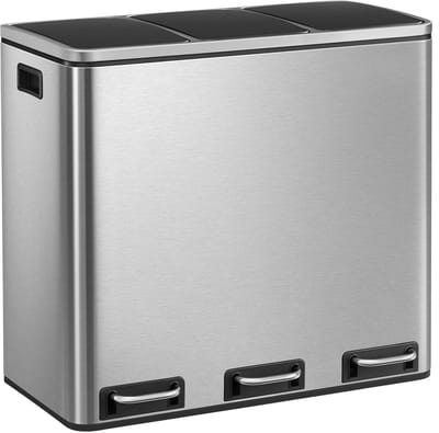 Stervia Prullenbak - Vuilnisbak - Afvalbak - Scheidingsprullenbak - 3 vakken - 3x 18 Liter - RVS - Met Pedalen - Zilver - 61 x 31,5 x 55,5 cm