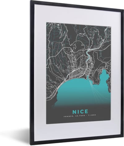 Fotolijst incl. Poster - Kaart - Plattegrond - Nice - Frankrijk - Stadskaart - 30x40 cm - Posterlijst