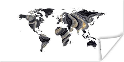 Wereldkaart Muur - Wereldkaart - Goud - Zilver - Zwart - 40x20 cm - Poster