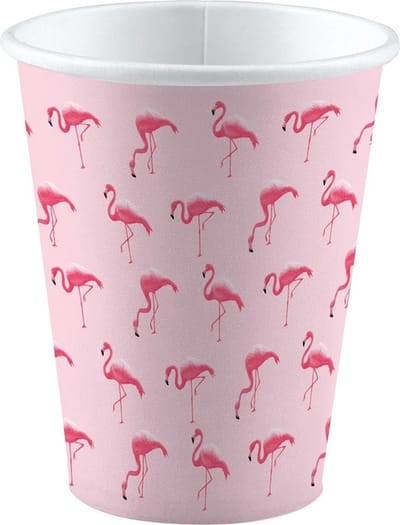 Amscan Flamingo party bekertjes - 8x stuks - 250 ml - karton - feestbekertjes - verjaardag/kinderfeest bekers - tropisch/hawaii thema