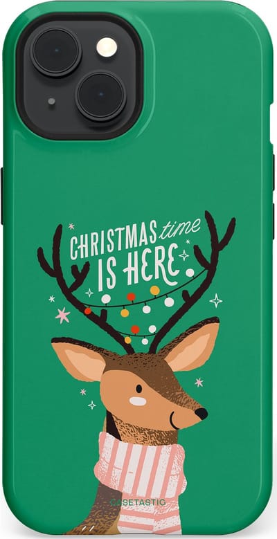 Casetastic hoesje geschikt voor Apple iPhone 15 - MagSafe - Dubbellaagse bescherming - Rudolf het Rendier op het groen - Fashion Case - Turquoise Perzik Donkergroen