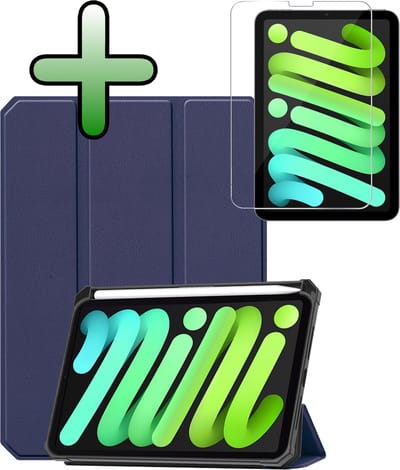 Hoesje Geschikt voor Apple iPad Mini 7 (2024) - 8.3 inch - 7e Generatie - Met Screenprotector - Trifold Bookcase - Hard Cover Case - Met Uitsparing Geschikt voor Apple Pencil - Hardcover Book - Tablet Hoes - Donkerblauw