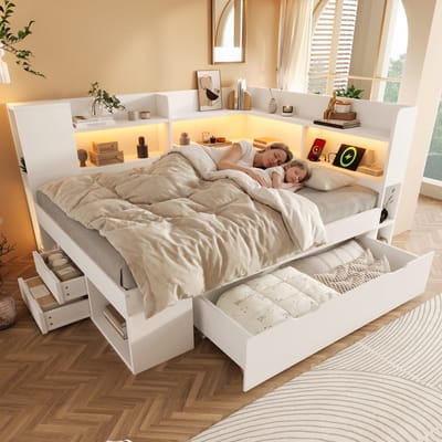 Slaapbank 140x200 cm - met LED-verlichting - met USB- en Type-C-oplaadstation - met opbergrek en lade - wit - zonder matras