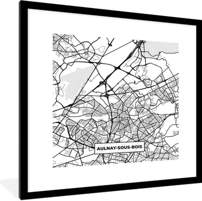 Fotolijst incl. Poster Zwart Wit- Plattegrond - Kaart - Aulnay-sous-Bois - Frankrijk - Stadskaart - Zwart wit - 40x40 cm - Posterlijst