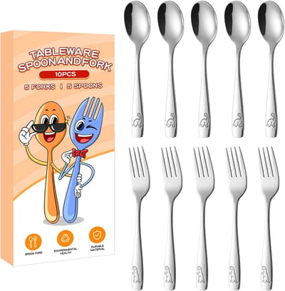 Kinderbestek - Keuken- en eetbestek - Ergonomisch bestek van roestvrij staal met gegraveerde dinosaurus - Inclusief 5 vorken en 5 lepels - voor school, lunch en thuis