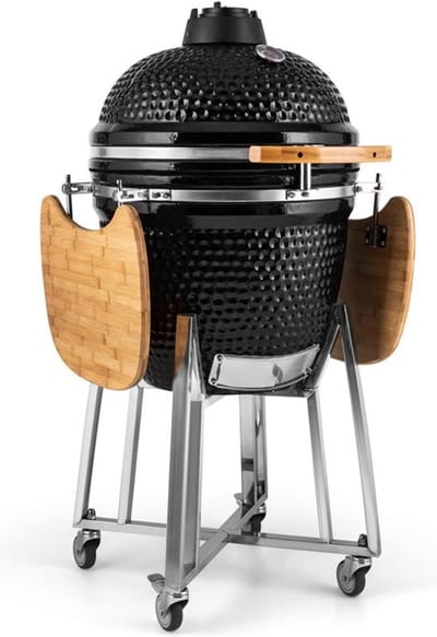 Klarstein kamado grill - om te grillen, slow cooking, roken of bakken, verwijderbare zijpanelen, keramiek, roestvrij staal, bamboe, thermometer van 0-400 °C, 3 wielen, 75 x 132 x 125 cm, zwart