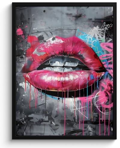 Poster in lijst - Fotolijst 50x70 cm - Posters - Lippen - Felroze - Graffiti - Verfstrepen - Posterlijst zwart - Decoratie - Wanddecoratie woonkamer - Muurdecoratie slaapkamer