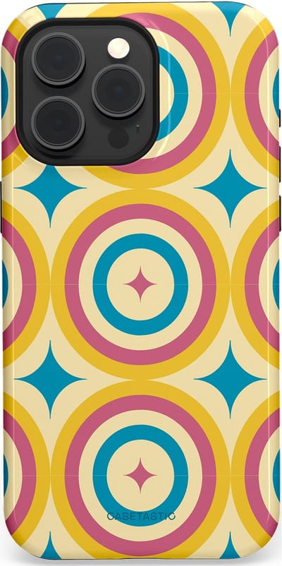 Casetastic hoesje geschikt voor Apple iPhone 15 Pro Max - MagSafe - Dubbellaagse bescherming - Swinging Retro Boogie Circles - Fashion Case - Crème Goud Lichtblauw Koraal