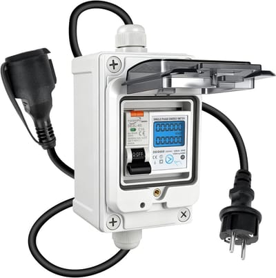 Mobiele Digitale Stroommeter 3 Fasen 16A 230V met CEE-Stekker en Veiligheidsschakelaar - IP67 Waterdicht - Schuko Industriële Stekker - LED-Stroommeter