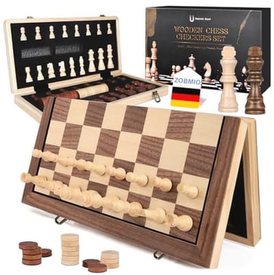 ZOBMIO Schaakbord van hout, 2-in-1 schaakbord, draagbaar schaakbord, opvouwbaar schaakbord voor familiefeesten, feestactiviteiten, reisschaakbord, schaakset voor kinderen (39 x 39 cm)