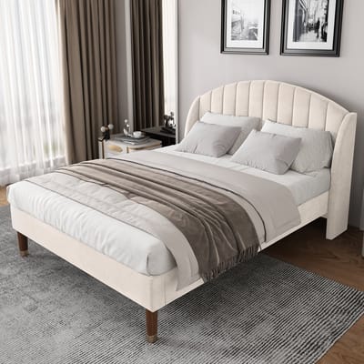 MODFU - Bedframe 140x190 cm – Beige velvet met gestoffeerd hoofdbord – Lattenbodem