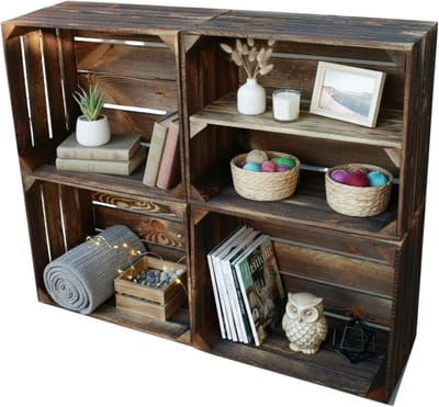 Set van 4 Gevlamde Houten Kisten Donker - Wijnkist, Fruitkist voor Decoratie en Opslag 50x40x30 cm