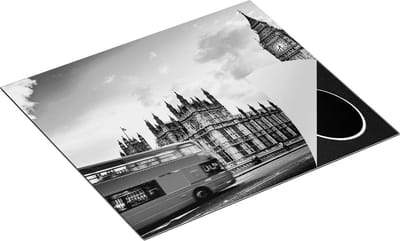 Chefcare Inductie Beschermer Rode Bussen in Londen - Retro - Zwart Wit - 60x50 cm - Afdekplaat Inductie - Kookplaat Beschermer - Inductie Mat