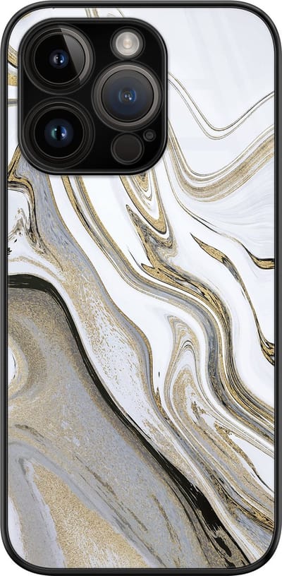 Hoesje geschikt voor iPhone 14 Pro - Marmer wit goud - Luxe Glazen Hardcase - Hippe print - Goud - Leuke Telefoonhoesjes