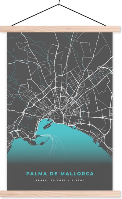 Posterhanger incl. Poster 40x60 cm - Schoolplaat - Mallorca - Stadskaart - Plattegrond - Kaart - Blauw - Textielposter - Blanke latten - Stadskaart