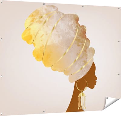 Gards Tuinposter Afrikaanse Vrouw met Gouden Tulband - 150x120 cm - Tuindoek - Tuindecoratie - Wanddecoratie buiten - Tuinschilderij