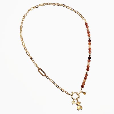 55cm Ketting Dames - Verguld Roestvrij Staal - Schakelketting met Natuursteen en Beerhanger