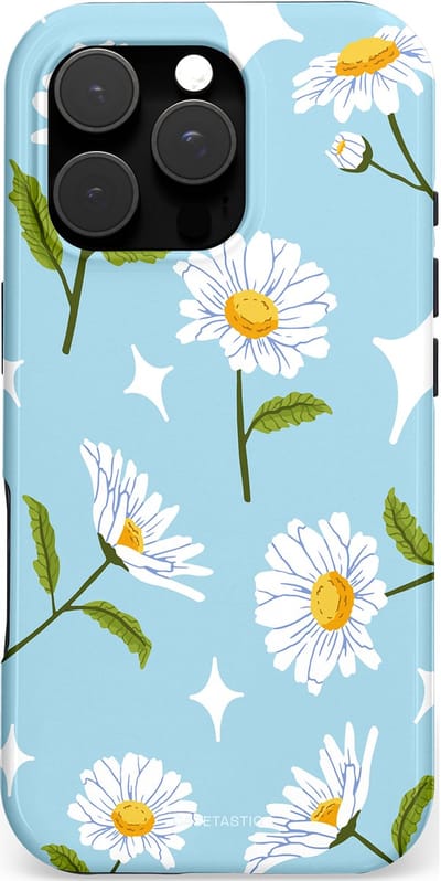 Casetastic hoesje geschikt voor Apple iPhone 16 Pro - MagSafe - Dubbellaagse bescherming - Margrietjes in de Wind - Fashion Case - Lichtblauw Wit Groen