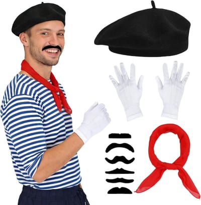 9-delige Franse kostuumset voor volwassenen, unisex accessoires voor cosplay en feest, inclusief artistieke mime kit en verkleedoutfit