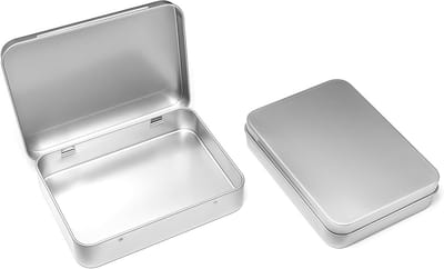 Rectangulaire Mini Opslagdozen met Scharnierdeksel (11,5 x 8,5 x 2,2 cm) – Ideaal voor Kleine Voorwerpen, Blik met Deksel, Set van 2 Stuks in Zilver