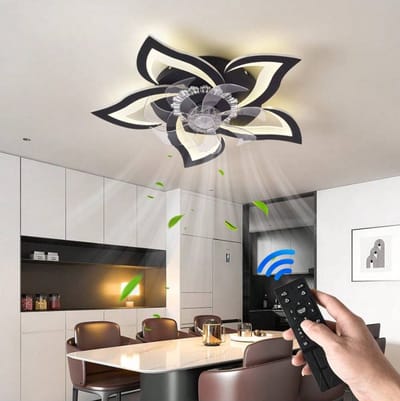 5 Lotus Ventilator Lamp - Plafondventilator - Zwart - Smart Lamp - Met Dimmer - 6 Standen Ventilator - Keuken Lamp - Woonkamerlamp - Moderne lamp
