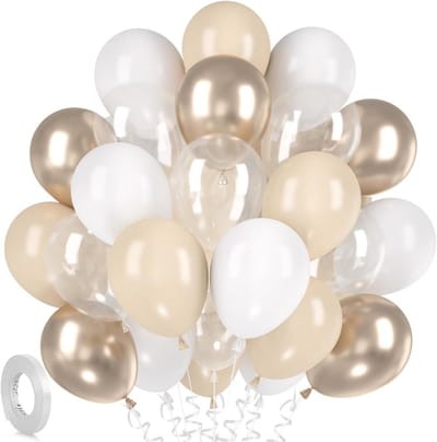 Thijox - Set van 30 Beige en Witte Ballonnen, Helium Crème Licht Zandwit, Champagne Goudkleurige Metalen Ballonnen 30,5 cm, Decoratieve Ballonnen voor