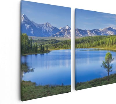 Artaza Canvas Schilderij Tweeluik Meer Bij De Bergen In Het Bos - 80x60 - Foto Op Canvas - Canvas Print