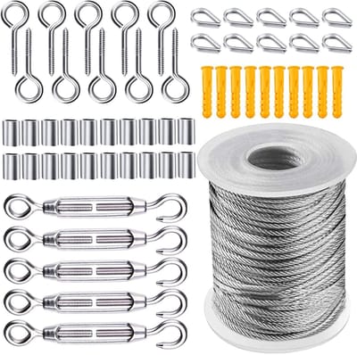 QTTVBTNA Staalkabel Set 30 m – Bevestigingsset Schaduwdoek – RVS Inclusief Spanners & Bevestigingsaccessoires – Voor Waslijn, Tuin & Verlichting