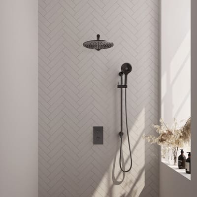 BRAUER Gunmetal Edition thermostatische inbouw regendouche 3-weg omstelling SET 44 met 30 cm douchekop en rechte muurarm en 3-standen handdouche en doucheslang en geïntegreerde glijstang gunmetal geborsteld PVD