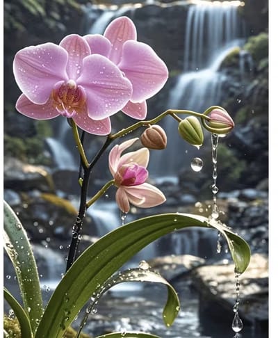 diamond painting orchidee met op de achtergrond watervallen 30 x 40 cm