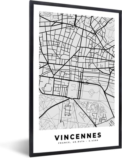 Fotolijst incl. Poster - Kaart – Stadskaart – Frankrijk - Vincennes - Plattegrond - 40x60 cm - Posterlijst