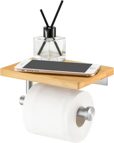 Famanu – Toiletrolhouder met bamboe plank voor wandmontage, roestvrij staal, geborstelde afwerking
