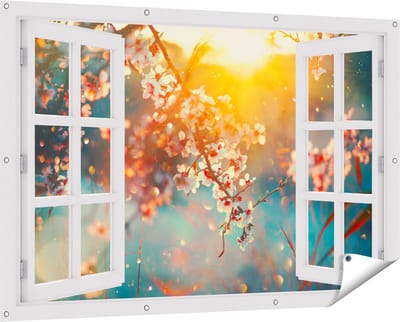 Gards Tuinposter Doorkijk Bloesemboom tijdens Zonsondergang - Bloem - 150x100 cm - Tuindoek - Tuindecoratie - Wanddecoratie buiten - Tuinschilderij