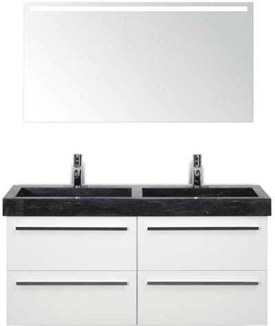 Seville Badmeubelset 120 cm - 4 Laden Wit Hoogglans - Wastafel Lucca Dubbel met Sence Spiegel