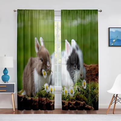 Schattige Kat en Konijn Kleine Dieren Transparante Gordijnen voor Woonkamer Voile voor Raamjaloezieën Slaapkamer Tule Gordijn Keukengordijnen 1 PCS W100XH250cm&Grommet Top