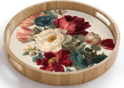 Dienblad rond 40x40 cm - Schootdienblad hout - Boeket - Warme tinten - Elegant - Borrelplank rechthoek - Plateau houten dienbladen