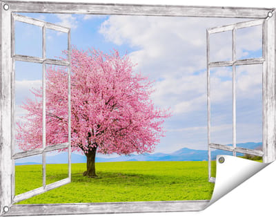 Gards Tuinposter Doorkijk Roze Sakura Bloesem Boom in het Groene Veld - 90x60 cm - Tuindoek - Tuindecoratie - Wanddecoratie buiten - Tuinschilderij