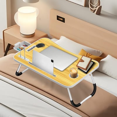 Soontrans Opvouwbaar Laptopbureau, Tafel 60x40cm Lichtgewicht Bedbureau Technisch Ontwerp Multifunctionele Tafel (Kaartsleuf + Bekerhouder + Lade + Lamp + Ventilator, Walnoot)